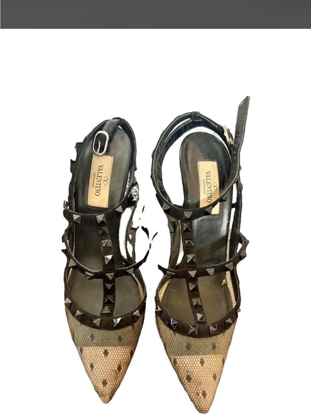 Valentino Garavani Black Rockstud Pointed Mesh Slingback Pumps